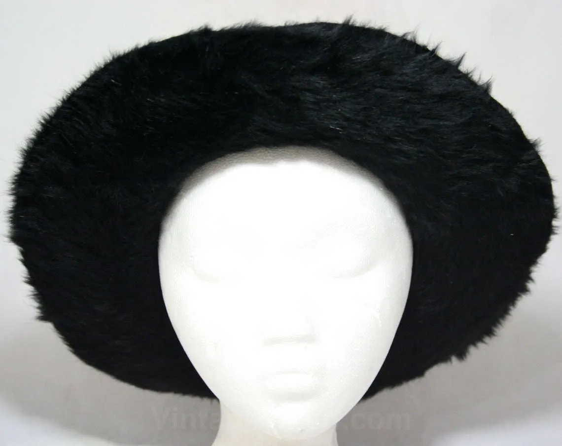1910s Black Furry Angora Felt Hat - Wide Brimmed Rare Hat - Antique Edwardian Titanic Era Millinery - Fur Fiber Silk Satin Ribbon & Lining