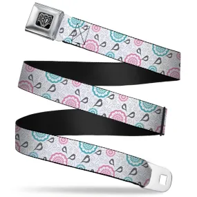 BD Wings Logo CLOSE-UP Full Color Black Silver Seatbelt Belt - Bird Tapestry White/Gray/Turquoise/Pink Webbing