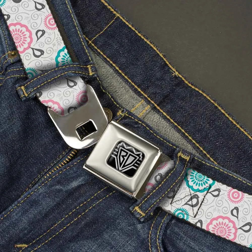 BD Wings Logo CLOSE-UP Full Color Black Silver Seatbelt Belt - Bird Tapestry White/Gray/Turquoise/Pink Webbing