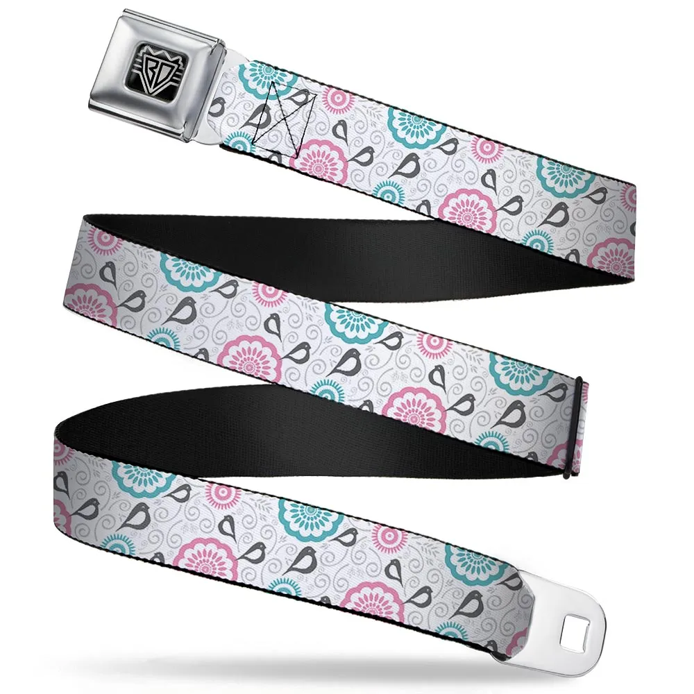 BD Wings Logo CLOSE-UP Full Color Black Silver Seatbelt Belt - Bird Tapestry White/Gray/Turquoise/Pink Webbing