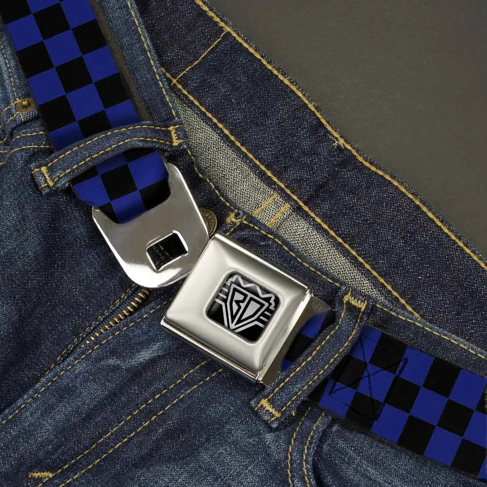 BD Wings Logo CLOSE-UP Full Color Black Silver Seatbelt Belt - Checker Black/Blue Webbing