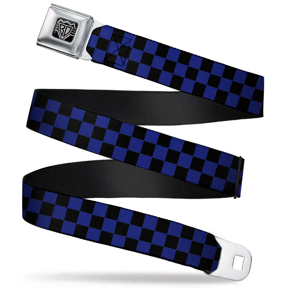 BD Wings Logo CLOSE-UP Full Color Black Silver Seatbelt Belt - Checker Black/Blue Webbing
