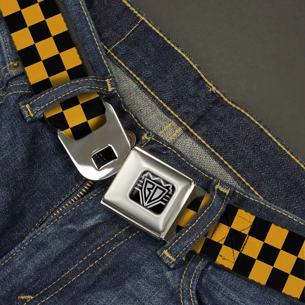 BD Wings Logo CLOSE-UP Full Color Black Silver Seatbelt Belt - Checker Black/Gold Webbing
