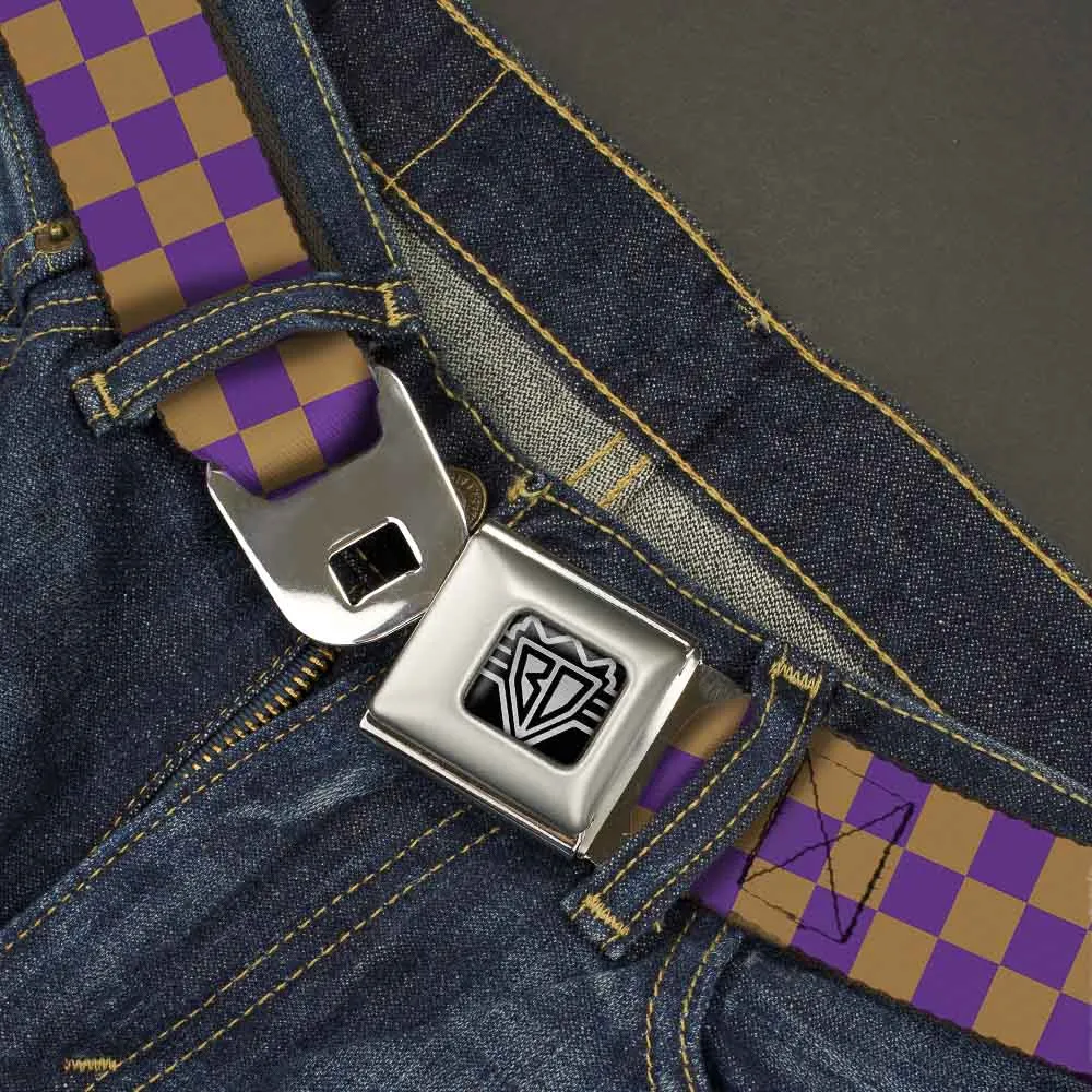 BD Wings Logo CLOSE-UP Full Color Black Silver Seatbelt Belt - Checker Purple/Gold Webbing