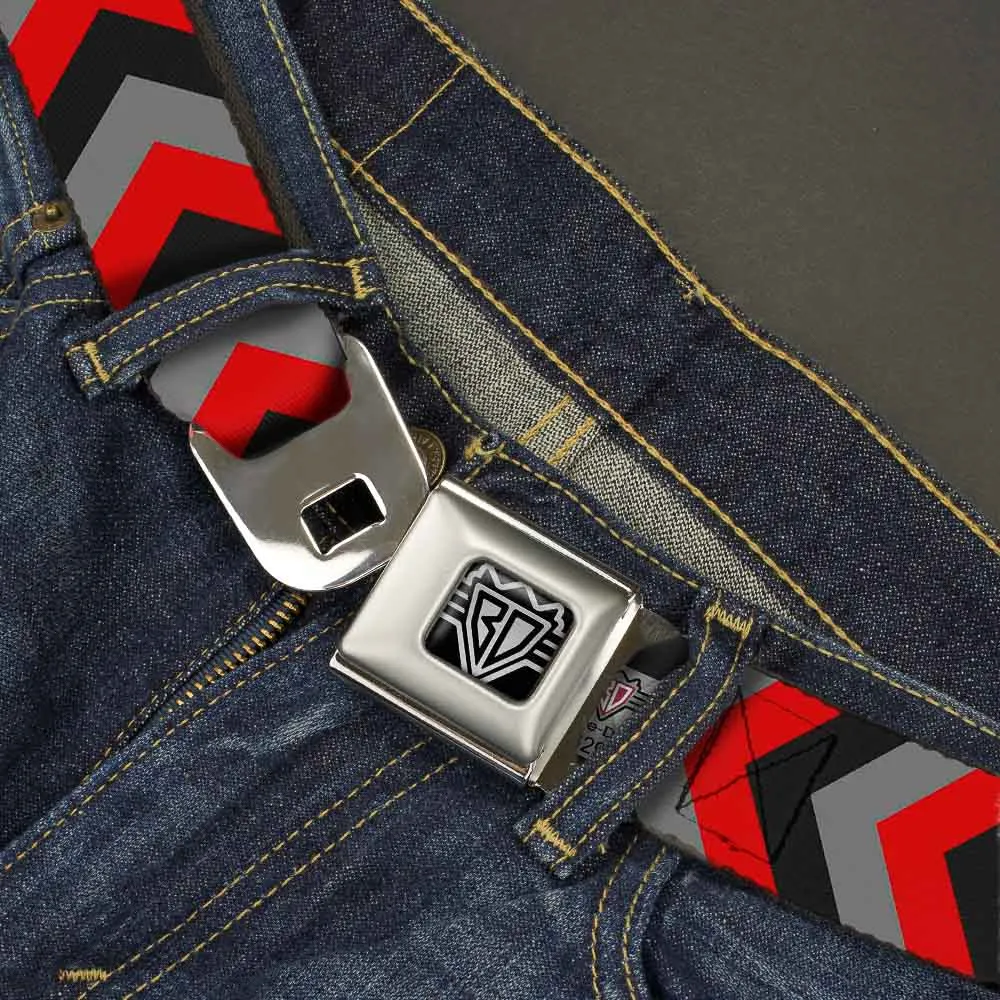 BD Wings Logo CLOSE-UP Full Color Black Silver Seatbelt Belt - Chevron Red/Black/Gray Webbing