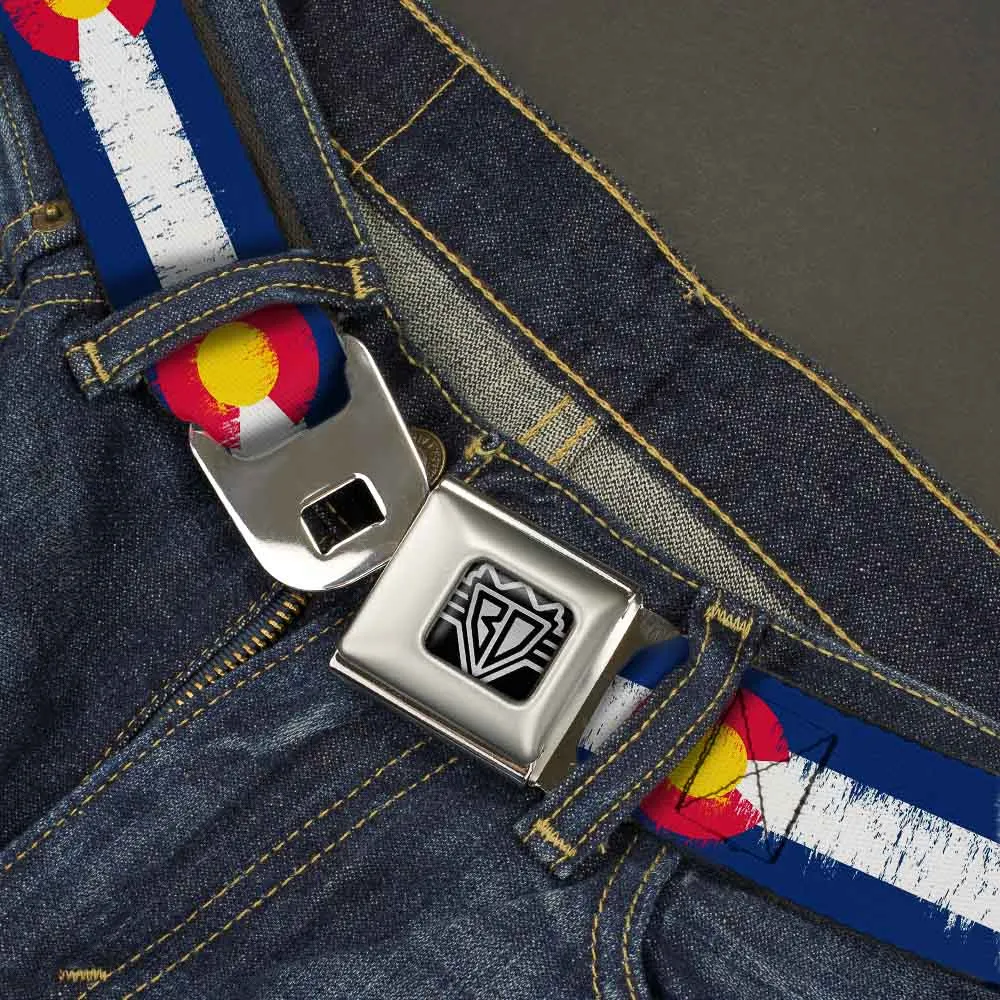 BD Wings Logo CLOSE-UP Full Color Black Silver Seatbelt Belt - Colorado Flags2 Repeat Weathered Webbing