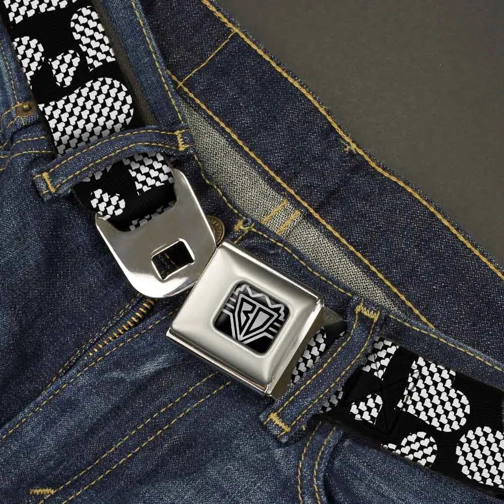 BD Wings Logo CLOSE-UP Full Color Black Silver Seatbelt Belt - Eighties Hearts Black/White Webbing