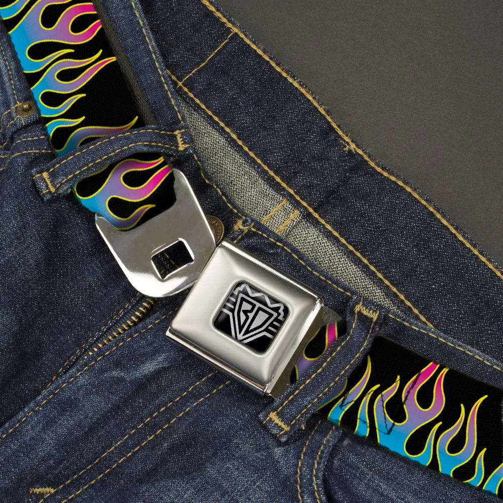 BD Wings Logo CLOSE-UP Full Color Black Silver Seatbelt Belt - Flames Black/Blue/Pink Webbing