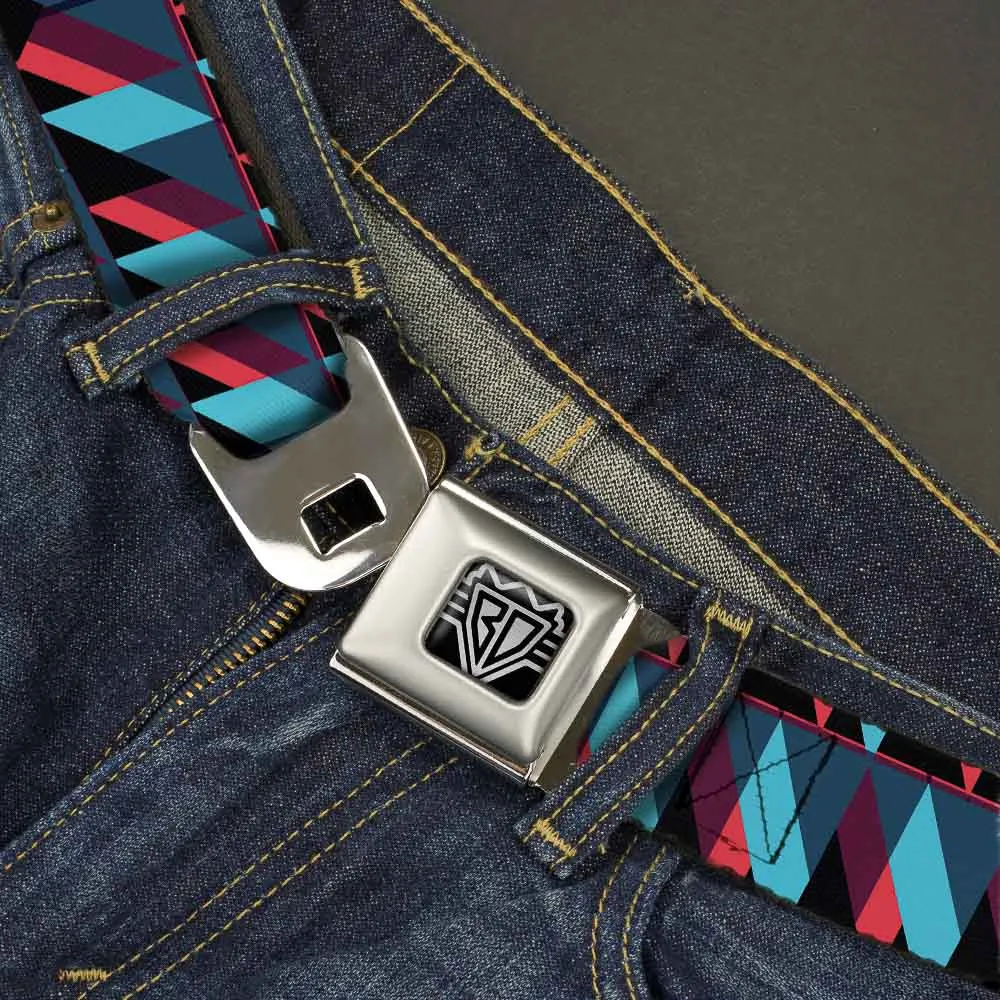 BD Wings Logo CLOSE-UP Full Color Black Silver Seatbelt Belt - Geometric Peaks Blues/Purple/Red Webbing