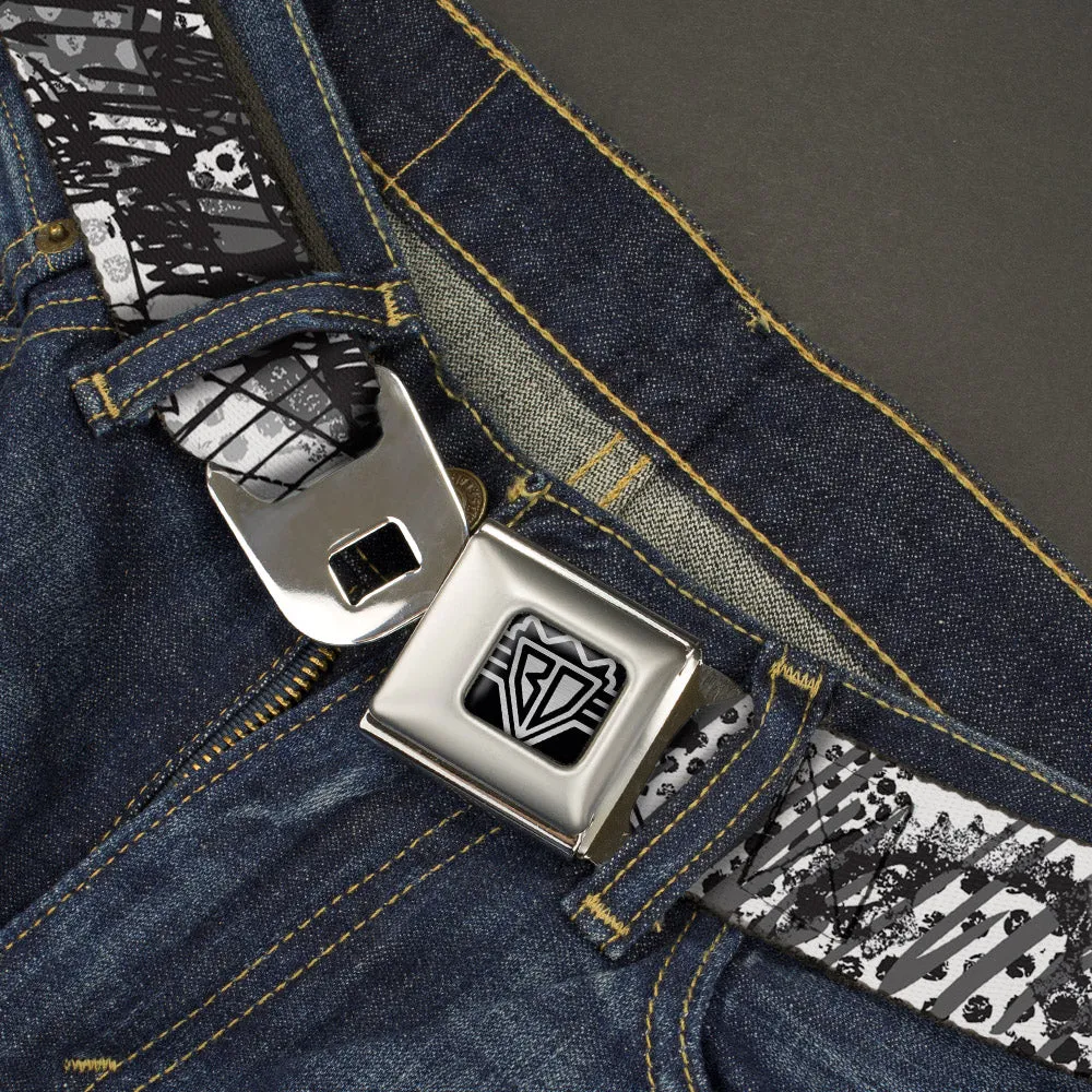 BD Wings Logo CLOSE-UP Full Color Black Silver Seatbelt Belt - Grunge Gears Black/White Webbing