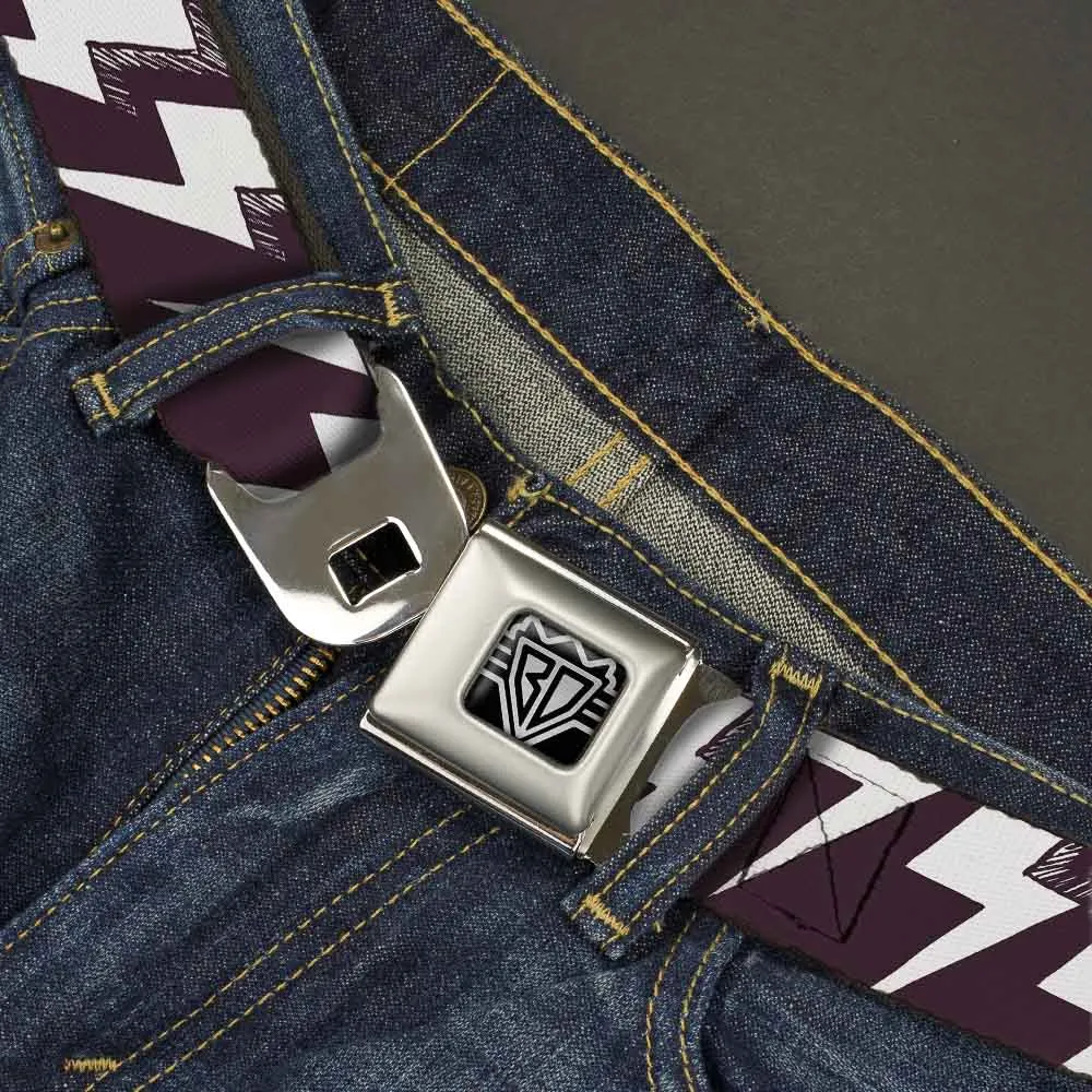 BD Wings Logo CLOSE-UP Full Color Black Silver Seatbelt Belt - Lightning Bolts Sketch Plum/White Webbing