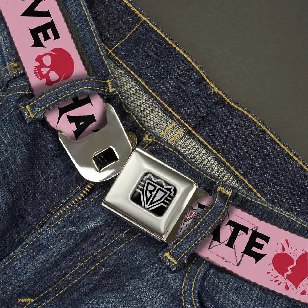 BD Wings Logo CLOSE-UP Full Color Black Silver Seatbelt Belt - Love/Hate/Betrayal Pink/Black/Fuchsia Webbing