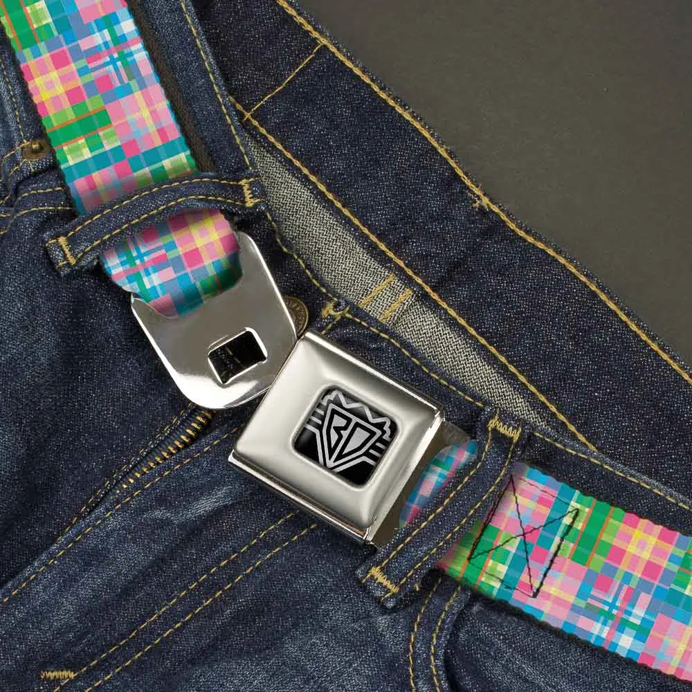 BD Wings Logo CLOSE-UP Full Color Black Silver Seatbelt Belt - Madras Plaid Pink Webbing