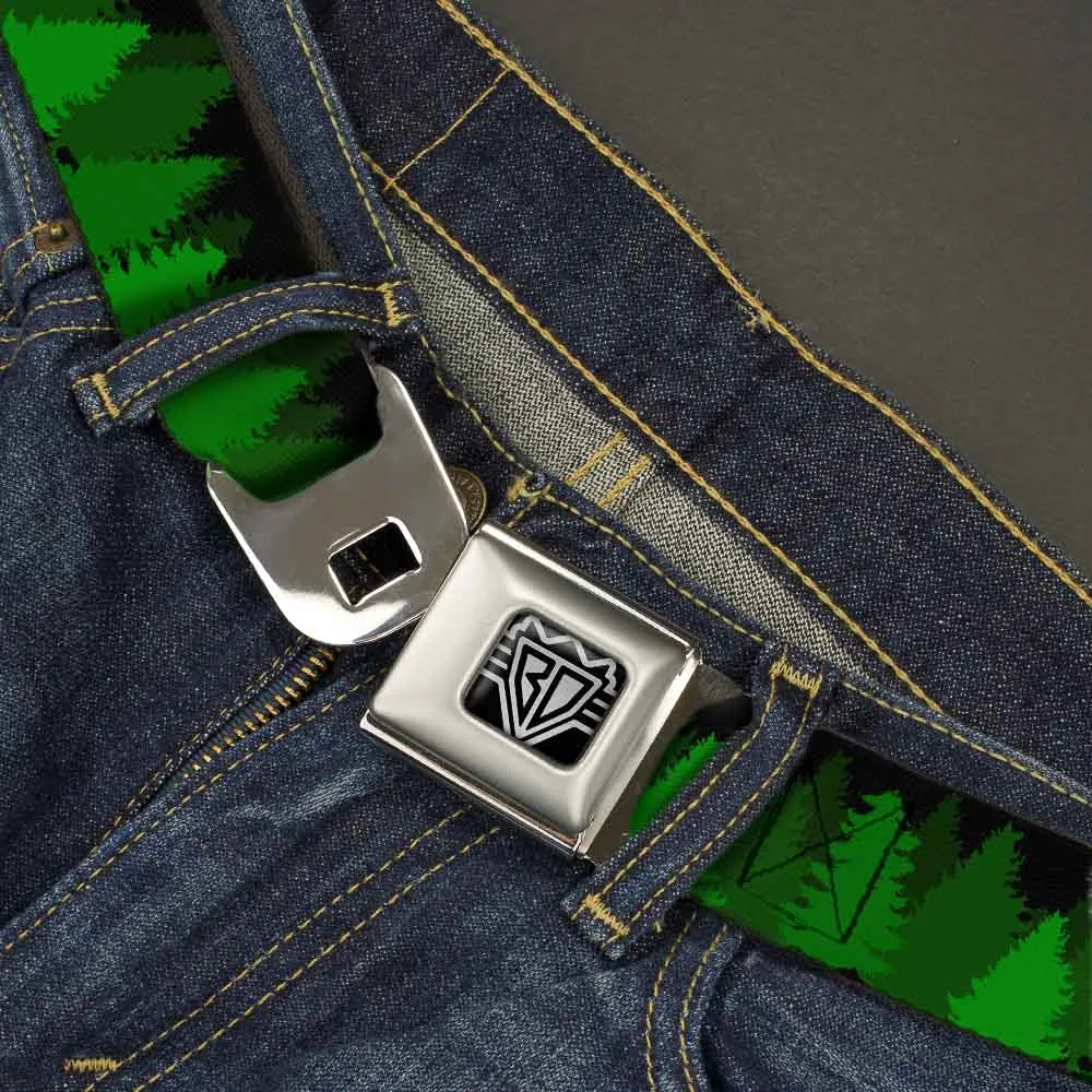 BD Wings Logo CLOSE-UP Full Color Black Silver Seatbelt Belt - Pine Tree Silhouettes Black/Greens Webbing