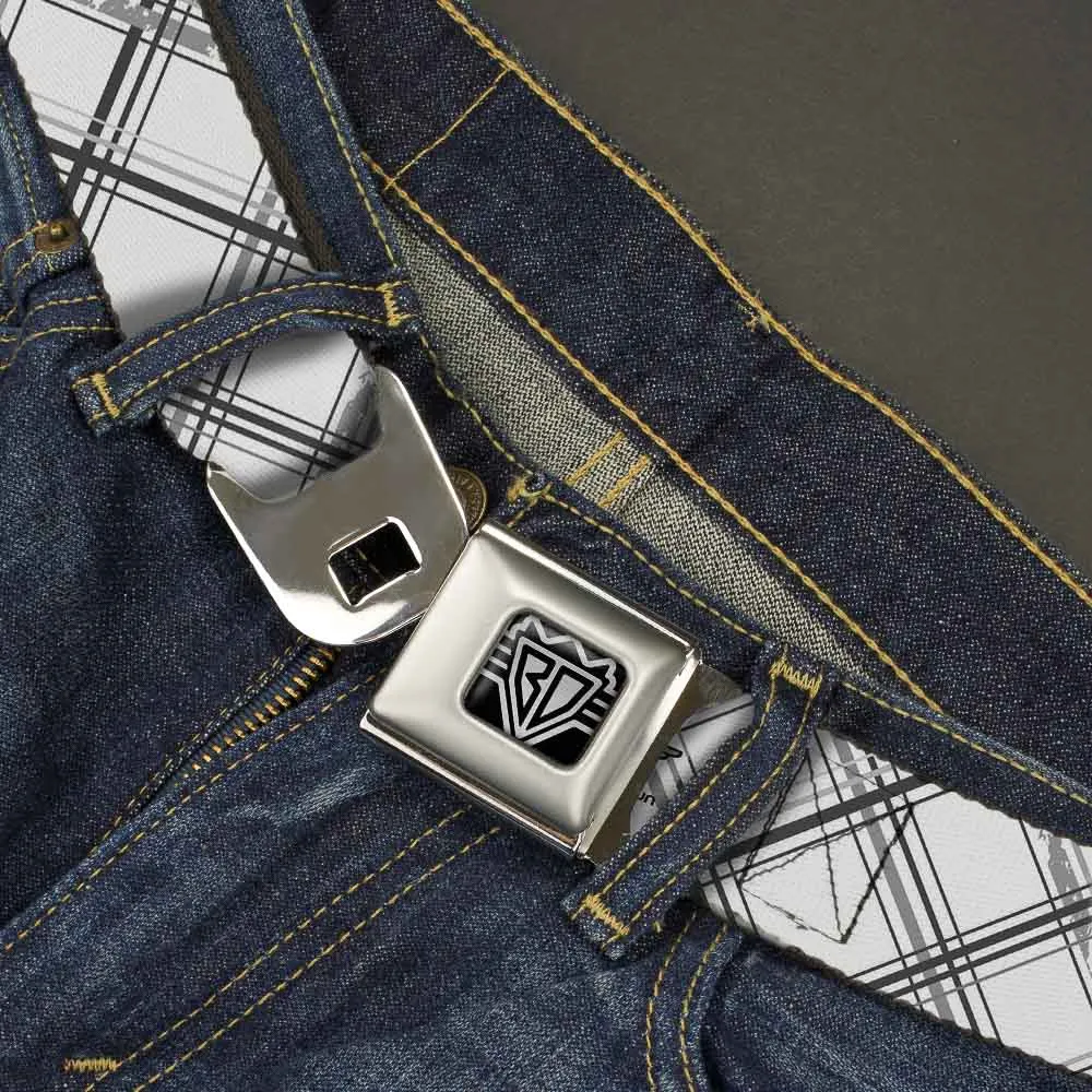 BD Wings Logo CLOSE-UP Full Color Black Silver Seatbelt Belt - Plaid X Weathered White/Gray Webbing