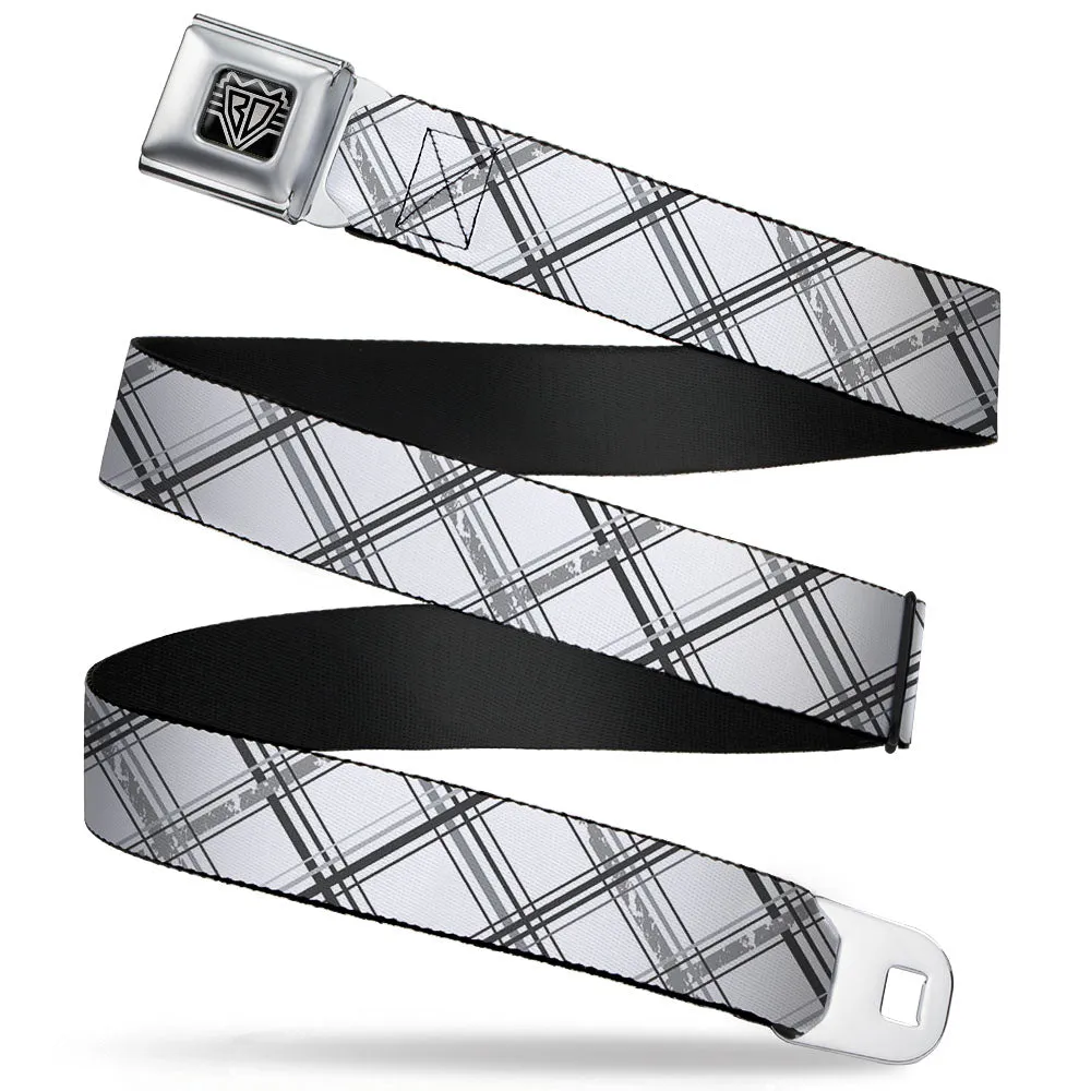 BD Wings Logo CLOSE-UP Full Color Black Silver Seatbelt Belt - Plaid X Weathered White/Gray Webbing