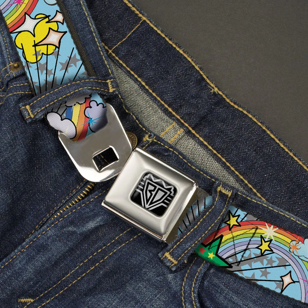 BD Wings Logo CLOSE-UP Full Color Black Silver Seatbelt Belt - Rainbow Cloud Stars Baby Blue Webbing