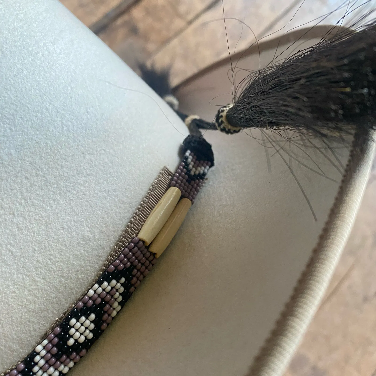 Beaded Bone Hat Band w/ Horsehair Tassels