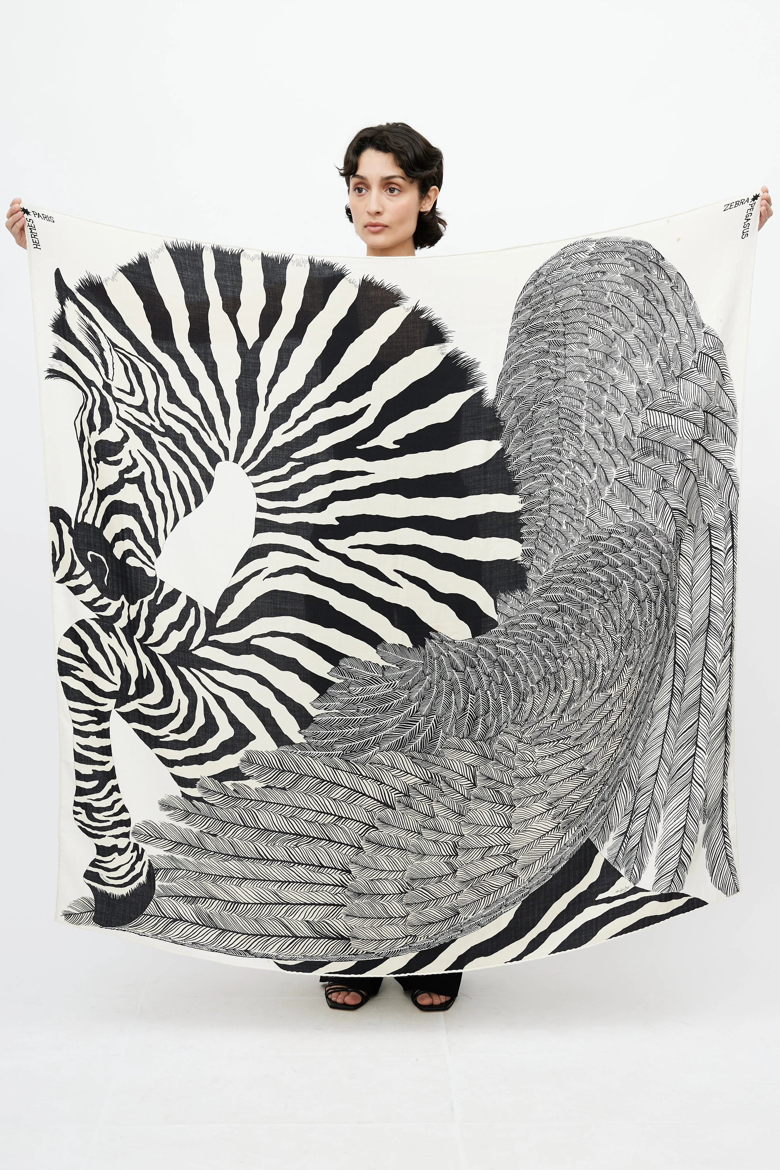 Black & Cream Cashmere Pegasus 140 Print Shawl