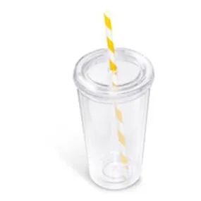 Double-Wall Plastic Tumbler & Straw - 470ml - Yellow