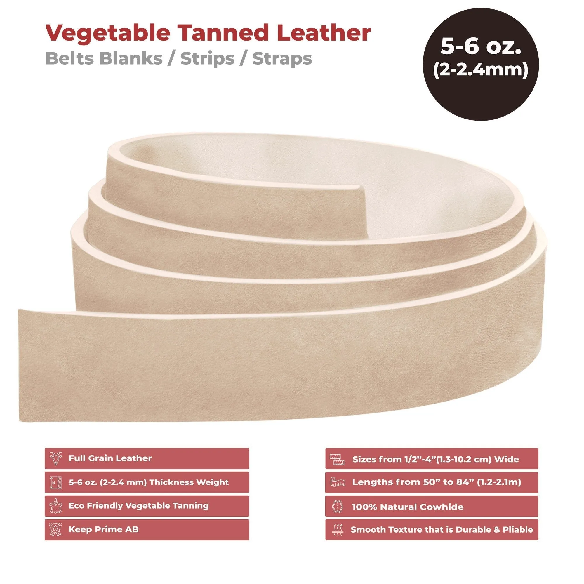 ELW Leather Blank Belt | 5-6 Oz. (2-2.4mm) Thickness | Size from 1/2" to 4" | Cowhide Vegetable Tanned | Full Grain Strip, Strap | Ideal for DIY Belts for Tooling, Crafting, Stamping, Dyeing