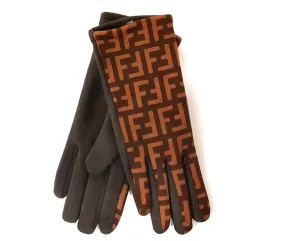 ‘F’ Orange & Brown Printed Gloves