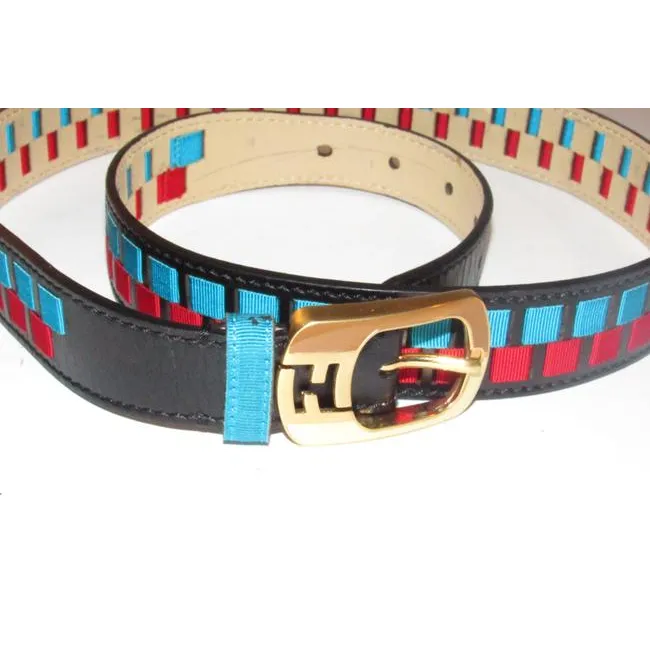 Fendi Blackredaqua Bluegold Leather And Buckles Belt