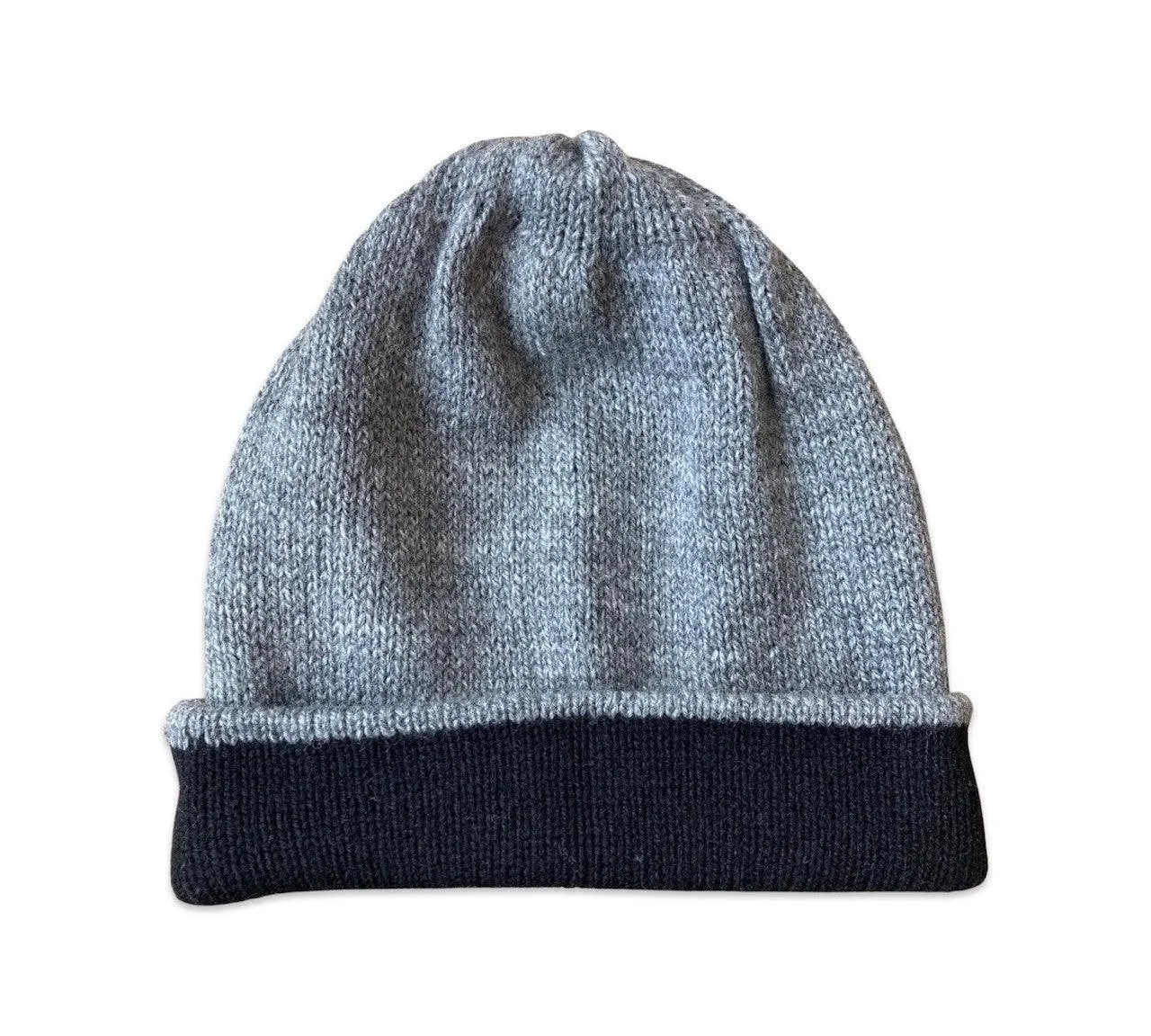 Hand Knitted Alpaca Reversible Beanie - Black / Grey