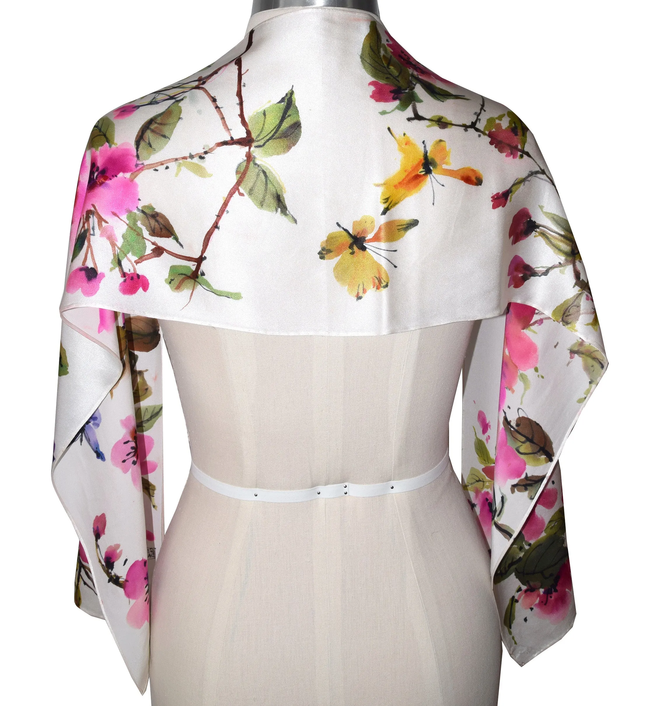 Handpainted Cherry Blossoms with Butterflies Charmeuse Silk Scarf