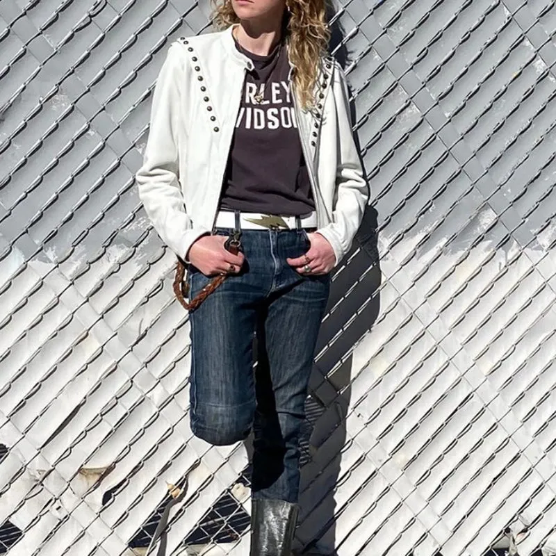 Lightning Bolt Belt - White with Antique Brass Buckle