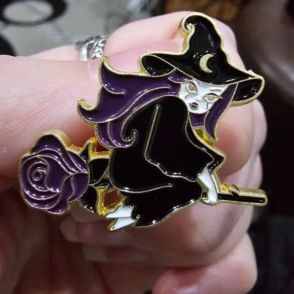 Metal Enamel Lapel Pin | Witch Flying Purple Rose Besome