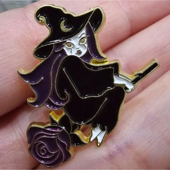 Metal Enamel Lapel Pin | Witch Flying Purple Rose Besome
