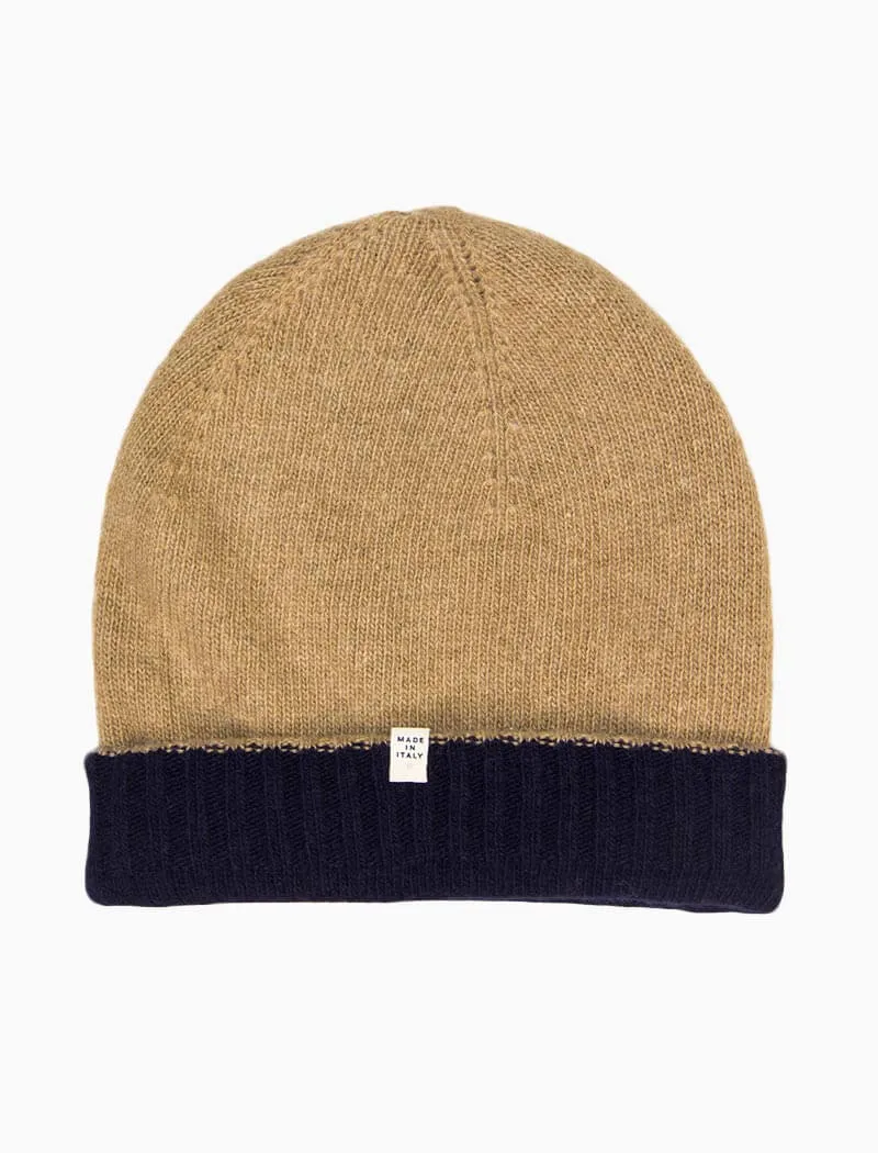 Navy & Beige Reversible Fitted Wool & Cashmere Beanie