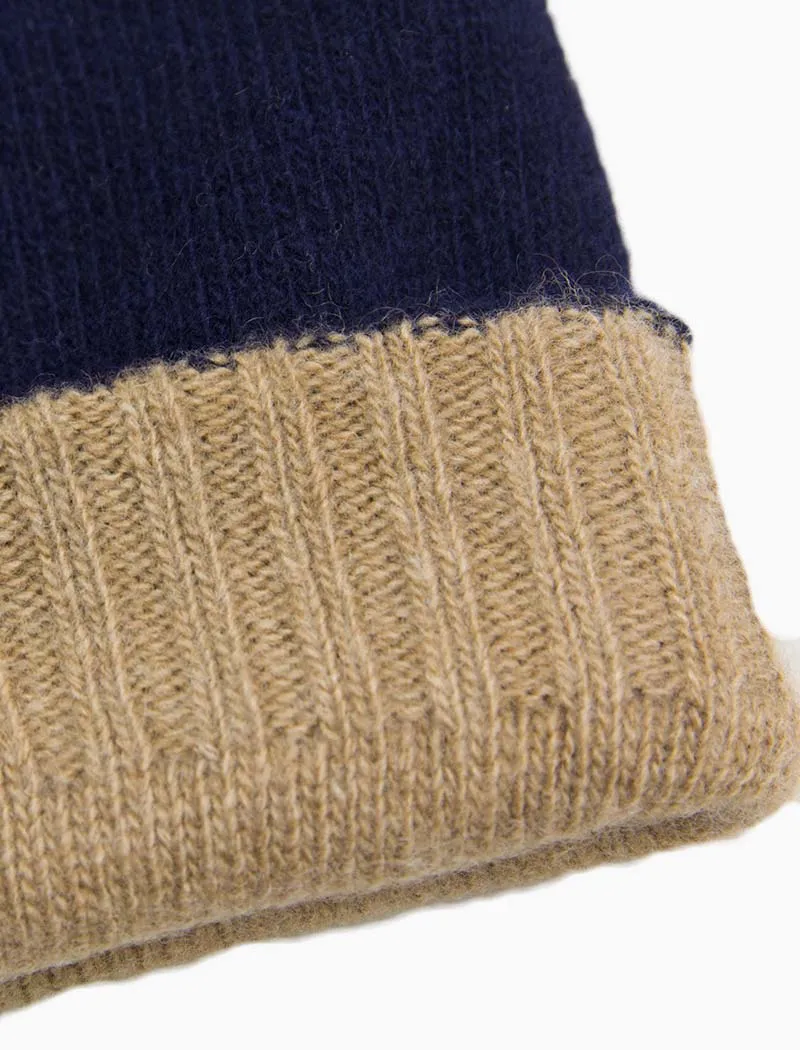 Navy & Beige Reversible Fitted Wool & Cashmere Beanie