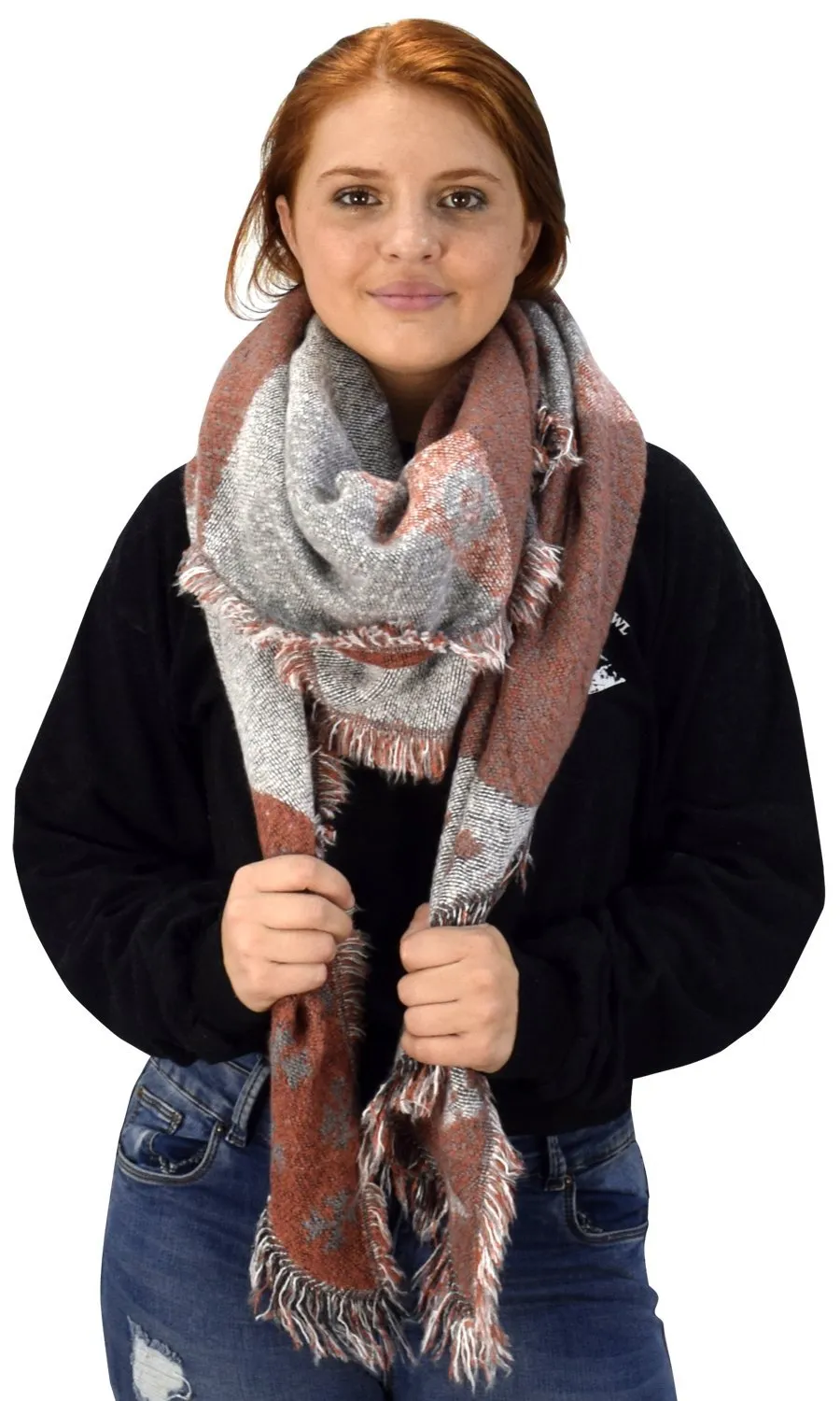 Plaid Tartan Oversized Oblong Cashmere Feel Oblong Blanket Scarves Orange/Grey
