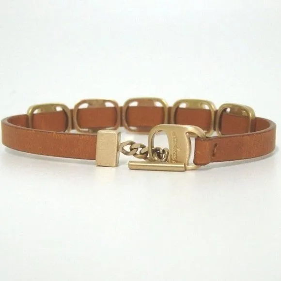 Salvatore Ferragamo VARA Camel Leather Gold Buckle Bracelet