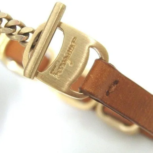 Salvatore Ferragamo VARA Camel Leather Gold Buckle Bracelet