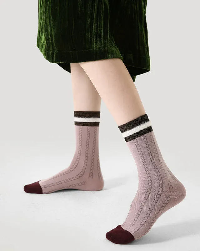 Sweetnana Contrast-Color Trendy Crew Socks Preppy British Style, Stripe Women's Warm Socks for Autumn/Winter.