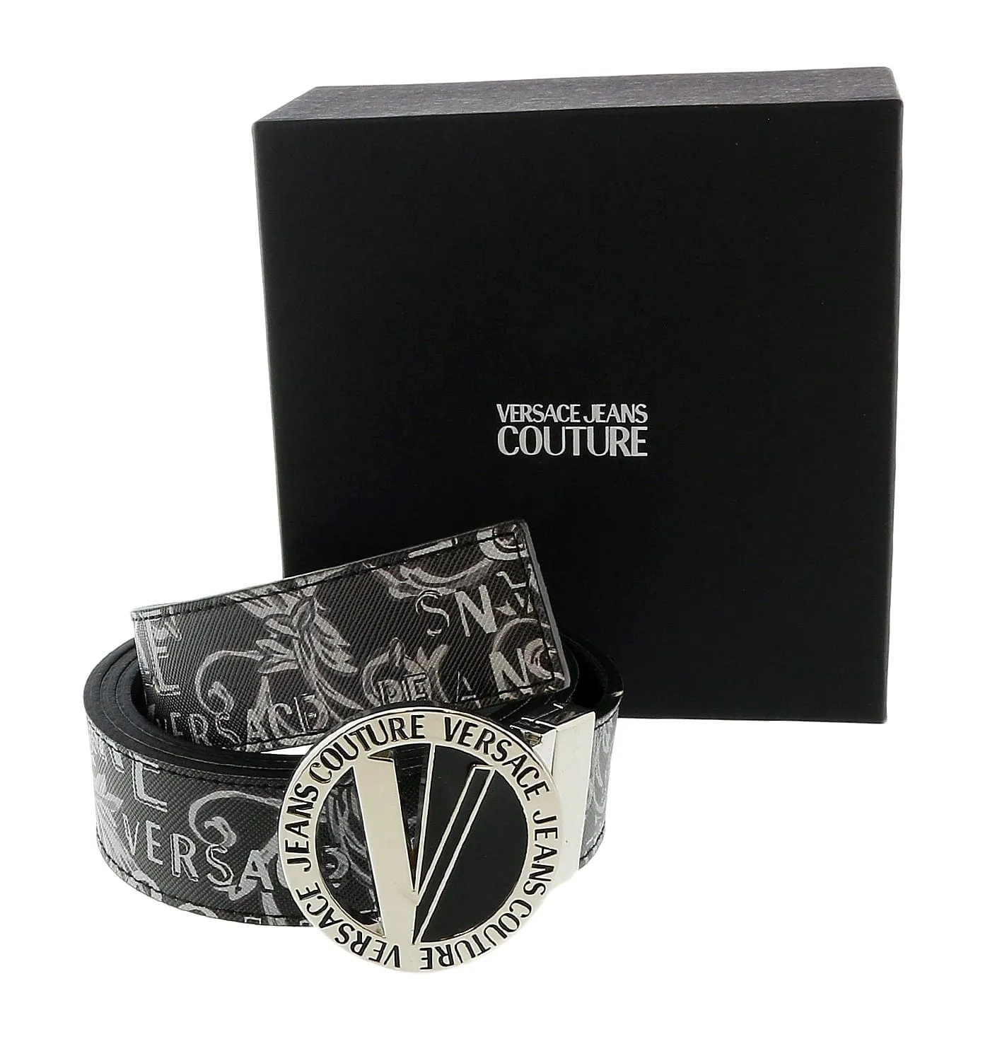 Versace Jeans Couture Black/Grey V-Emblem Logo Buckle   Reversible Adjustable  Mens Belt-28-44