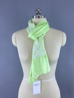 Vintage 1960s Silk Obiage Kimono Scarf in Citron Green and White Shibori