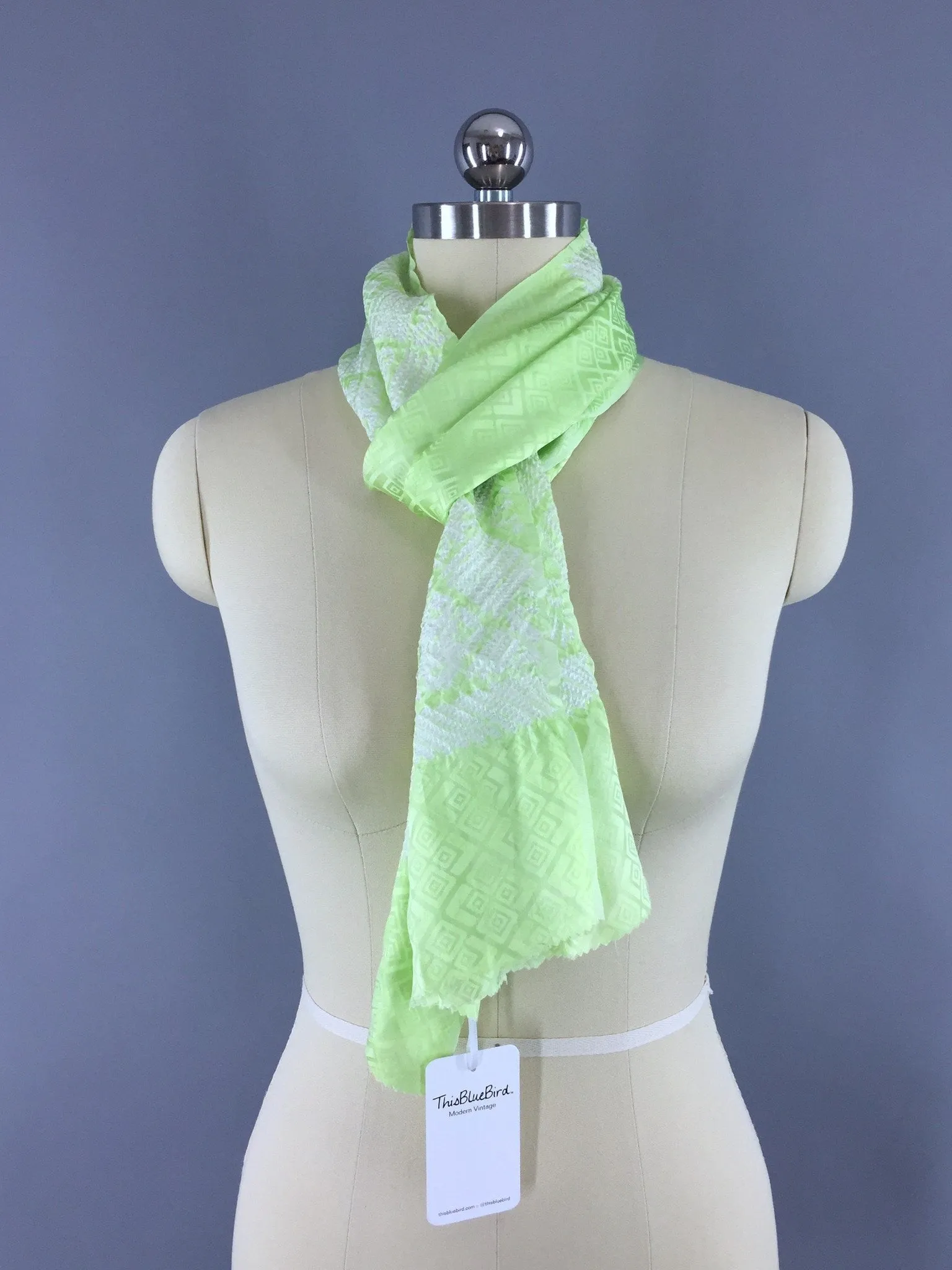 Vintage 1960s Silk Obiage Kimono Scarf in Citron Green and White Shibori