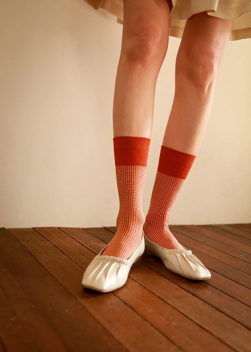 Women's Houndstooth Socks - Orange & Ivory