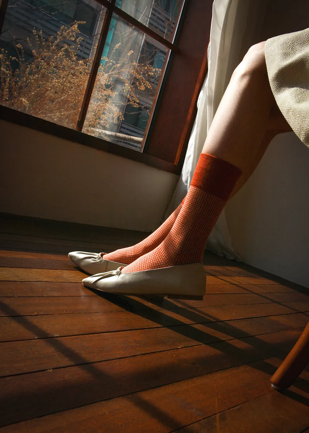 Women's Houndstooth Socks - Orange & Ivory